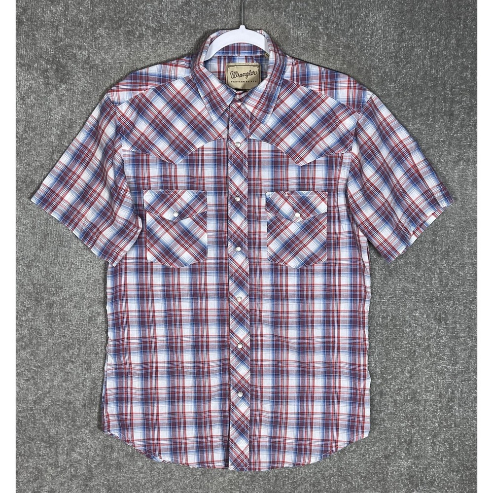 Wrangler Pearl Snap Western Shirt Mens Sz M Red Blue Plaid Pockets Cowboy Farmer